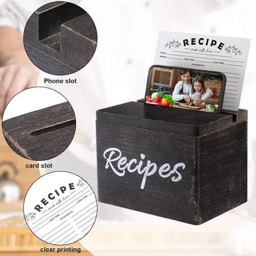 Vista 3 de Caja de recetas de madera con tarjetas, soporte para tarjetas de recetas de madera rústica con 50 piezas, juego de tarjetas de 5 x 7, caja