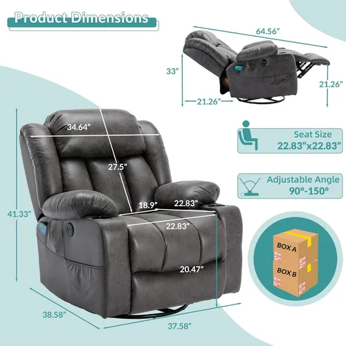 Vista 2 de MEETWARM Massage Swivel Rocker Recliner with Heat and Vibration, Manual Glider Rocking Recliner Chair, 360°Swivel Lounge Reclining Chair with Cup