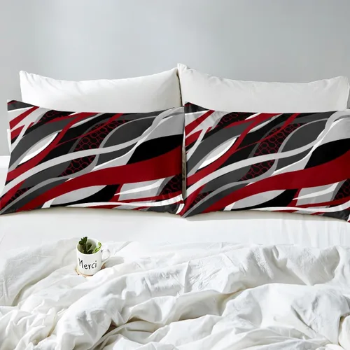 Vista 7 de Manfei Sábana bajera ajustable color rojo y gris, tamaño individual, funda de cama circular de rayas onduladas abstractas con 1 funda de almohada