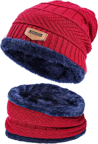 Vista 10 de Conjunto de bufanda y gorro de invierno, gorro cálido con forro polar, gorro de punto grueso para hombres y mujeres Negro