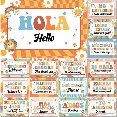 Vista 11 de gisgfim Juego de 16 pósteres de palabras y frases en español, tablero de anuncios, estudio y decoración de aula (Boho)