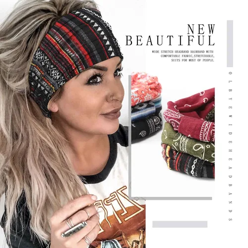 Vista 4 de Olbye Diademas anchas bohemias anudadas turbante elásticas antideslizantes florales diademas para entrenamiento para la cabeza, bandana bohemia