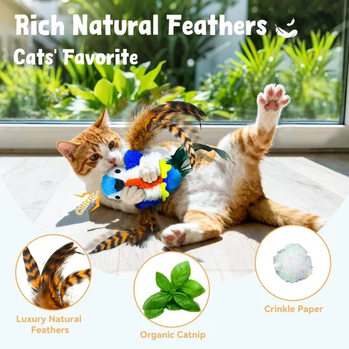 Vista 2 de Juguetes para gatos que aletean pájaro, juguetes de hierba gatera para gatos de interior, juguete automático interactivo para gatitos, juguete