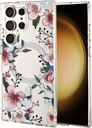 Vista 25 de Funda magnética para Samsung Galaxy S22 Ultra Flower, compatible con MagSafe, patrón floral transparente a prueba de golpes, parte trasera