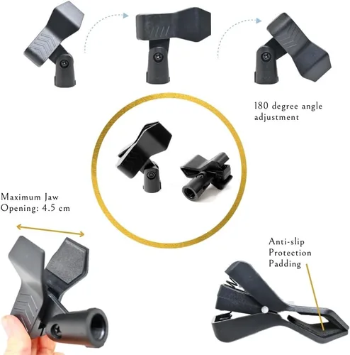 Vista 5 de Paquete de 2 soportes de micrófono de escritorio con clip de micrófono, soporte de micrófono de mesa ajustable, adaptador de metal de 5/8 a 3/8