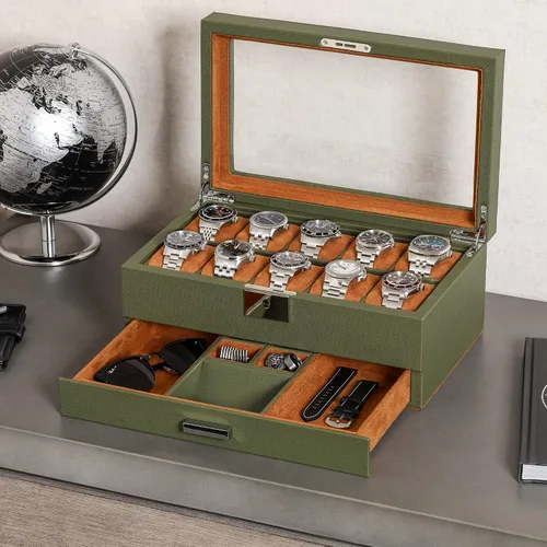 Vista 2 de ROTHWELL Caja de reloj de 10 ranuras en cuero con cajón de valet organizador de exhibición de lujo con forro de microgamuza ultrasuave soporte