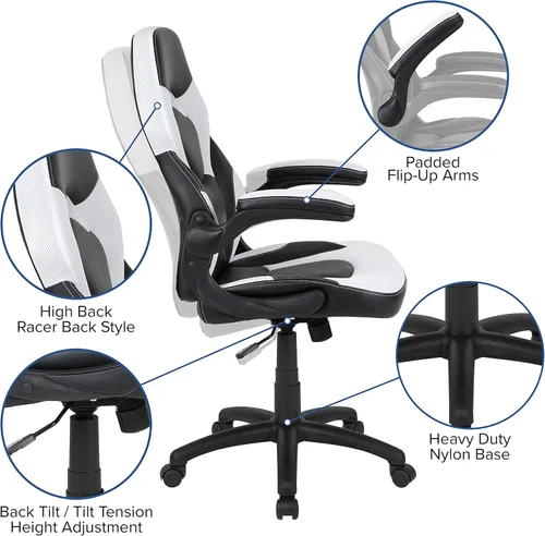 Vista 3 de Flash Furniture - Juego de escritorio para juegos y sillas reclinables de color blanco y negro con soporte para taza y gancho para auriculares.