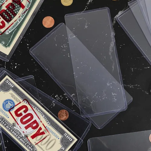 Vista 2 de Sepamoon 60 fundas para billetes de dólar, 6.9 x 2.95 pulgadas, fundas de plástico duro transparente para monedas, impermeables, soporte