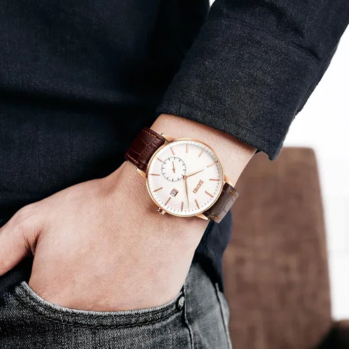 Vista 5 de FANMIS Reloj de pulsera analógico de cuarzo súper fino unisex clásico unisex de acero inoxidable ultra fino caso de negocios, Marrón