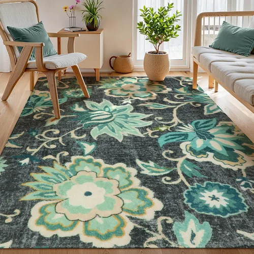 Vista 62 de Lahome - Tapete floral con estampado de cachemira, lavable, antideslizante, pequeño, anti-manchas, suave, para baño, entrada, dormitorio, Negro