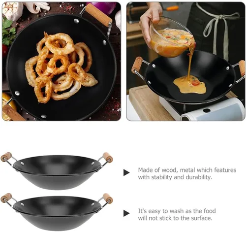 Vista 5 de HEMOTON Utensilios de cocina de metal Uso diario Wok Alimentos Doble Mango Olla Caliente Cocina Wok Olla Antiderrames