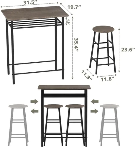 Vista 7 de Weehom Mesa de bar con 2 taburetes de bar, juego de mesa de comedor de pub, mesa de altura de encimera de cocina con sillas de bar, juego de mesa