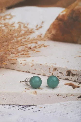 Vista 5 de Natural Gemstone Studs - Real Jade Jewelry for Women - Sage Light Green Stone Earrings - Hypoallergenic - Ball Earring Post Small 6mm, 8mm - Lapis