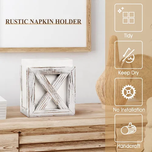 Vista 5 de PUERSI Servilletero de madera de granja para mesas, decoración rústica de cocina para mostrador, dispensador de servilletas ideal para encimeras