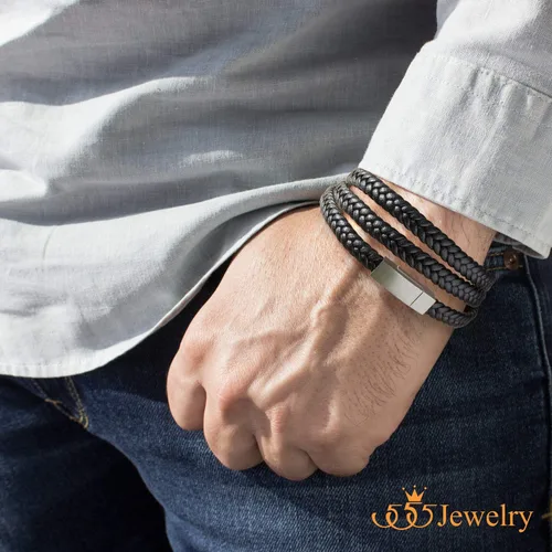 Vista 2 de 555Jewelry Pulsera de cierre magnético de cordón de cuero trenzado de acero inoxidable, Metal