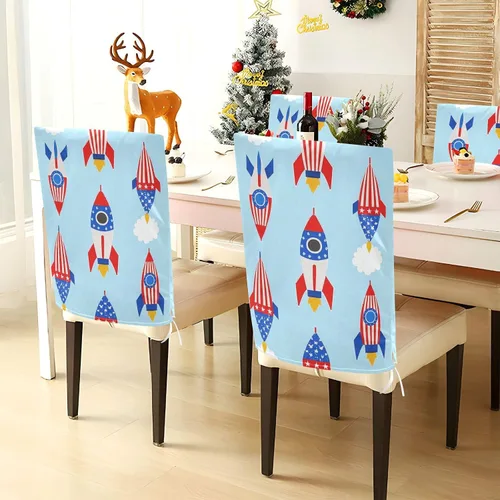 Vista 4 de Juego de 6 fundas decorativas de asiento de cumpleaños con cohetes rojos y azules para silla de aula para dormitorio, lavable, protector de sillas