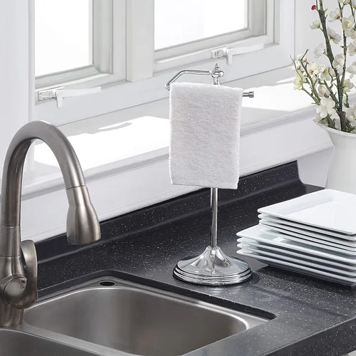 Vista 2 de SunnyPoint - Soporte decorativo de metal para toallas de dedo clásico de peso pesado para baño, cocina, tocador y encimeras; La barra colgante tiene