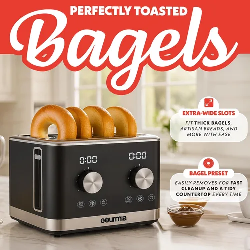 Vista 7 de Gourmia Tostadora de 4 rebanadas, doble cara, controles independientes duales, bagel, modo de descongelación y recalentamiento, 6 niveles