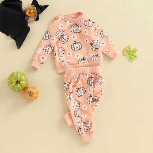 Vista 3 de Conjunto de sudadera de calabaza para niñas pequeñas de Halloween y pantalones cálidos, ropa de otoño e invierno
