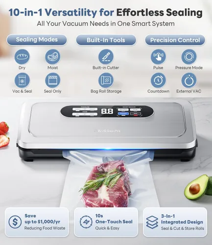 Vista 9 de Máquina selladora al vacío con sistema AirLock ProSeal, sellador al vacío 10 en 1 para alimentos, modos de sellado húmedo/seco, diseño compacto