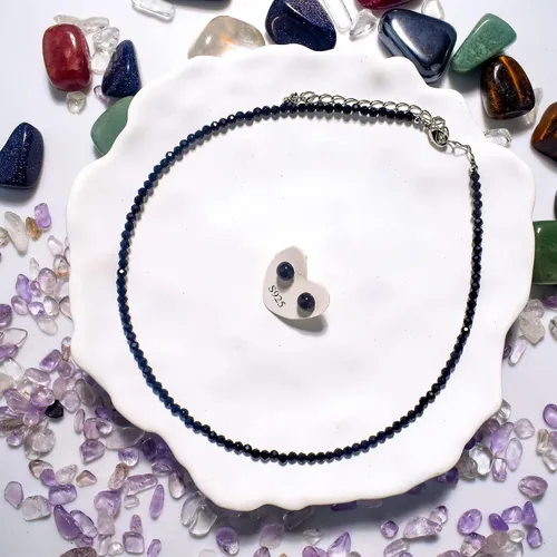Vista 8 de Genuine Stone Choker Beaded Choker Necklace S925 Earrings Facet Crystal Choker Jewelry Sets 3MM Beaded Necklace 14"+3" Adjustable Dainty Necklace