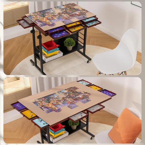 Vista 8 de Tektalk Tabla de rompecabezas plegable de 2000 piezas con ajuste de altura, mesa de rompecabezas con 2 cubiertas de fieltro y 8 bandejas/cajones