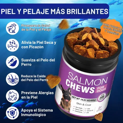 Vista 2 de Suplemento de Omega 3 para piel y pelaje para perros 200 masticables, suplementos de aceite de pescado para perros con ácidos grasos EPA y DHA