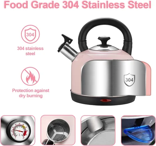 Vista 3 de Caldera de temperatura eléctrica, de acero inoxidable de 2 litros, con termómetro para té y café, 1200 W, apagado automático, protección contra