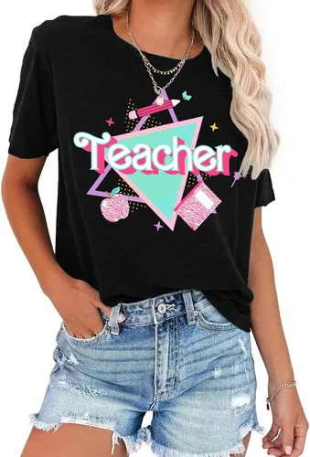 Vista 2 de Camisetas para profesores de ABCD para mujer, camiseta de manga corta para B-Negro