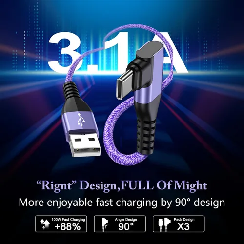 Vista 2 de Cable USB tipo C de 6 pies, 3 unidades de cable de carga rápida en ángulo recto, cable de carga USB C de 3.1 A para iPhone 17 16 15 Samsung Galaxy