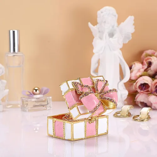 Vista 5 de Hipiwe Mini joyero de metal con nudo de lazo rosa con bisagras, caja decorativa de esmalte brillante, caja de tesoros, figura, aretes, soporte