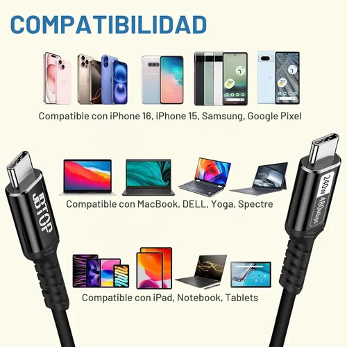 Vista 3 de Cable USB C a C corto (1 pie, 2 paquetes) Cable USB C de carga rápida