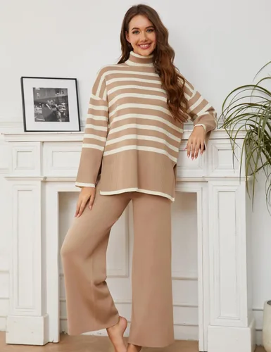 Vista 5 de Tanming Conjuntos de suéter para mujer, manga larga, a rayas, informal, de punto, pantalones de pierna ancha