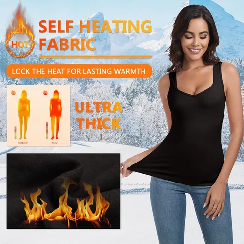 Vista 2 de WOWENY Camiseta sin mangas de forro polar térmico para mujer, sin mangas, cuello corazón, chaleco de invierno, ropa interior, camiseta cálida