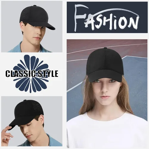 Vista 7 de Enwokran Gorra de béisbol deportiva de secado rápido para hombre, gorra atlética ajustada de malla ajustable, gorra lisa para correr, gorra de Negro
