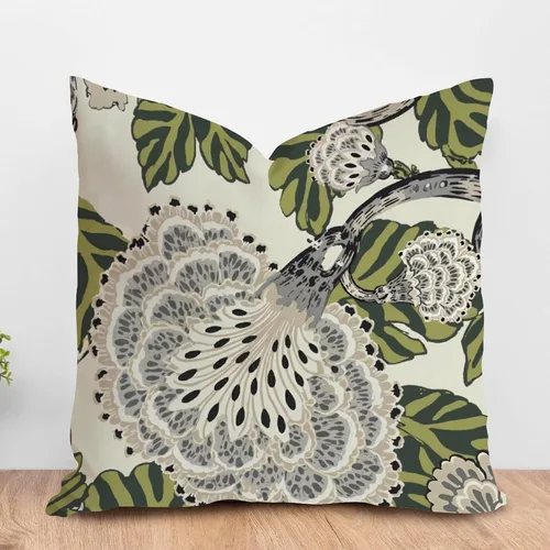 Vista 98 de ArogGeld Funda de cojín con flores verdes y blancas con flores grises y negras y hojas verdes en estilo chinoiserie, funda de almohada cuadrada