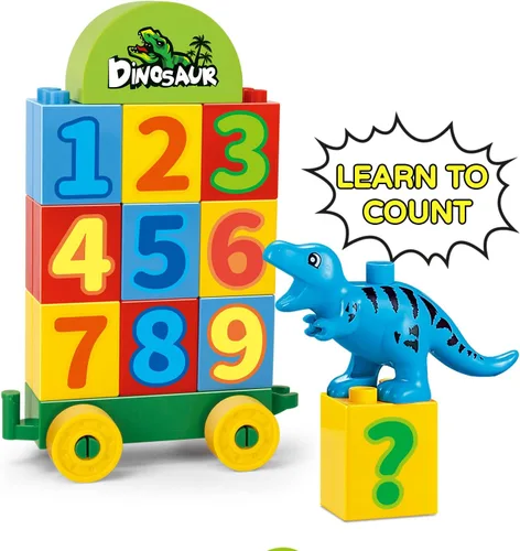 Vista 5 de Juguetes de bloques de construcción de dinosaurios, bloques de construcción con temática jurásica, con un tren de conteo, un gran T-rex y tres