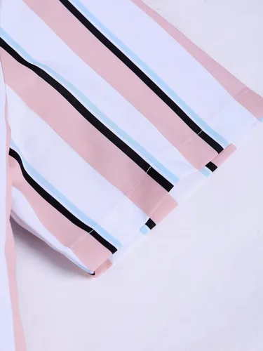 Vista 4 de SHENHE Conjunto de 2 piezas para hombre, camisa y pantalones cortos de manga corta con botones a rayas