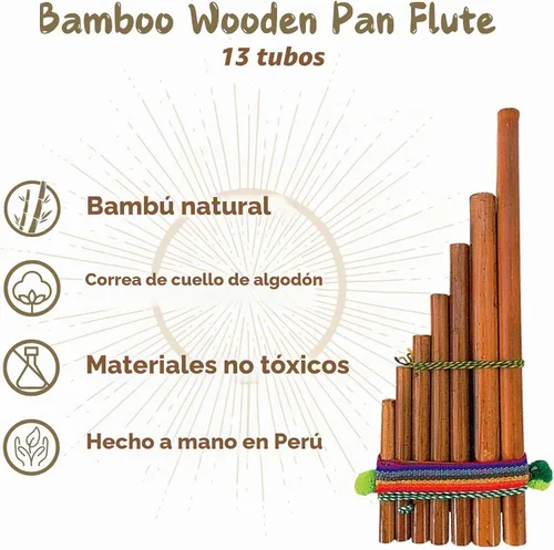 Vista 3 de Tubo de flauta de madera de bambú natural con estampado tribal multicolor correa de algodón tejida – Regalos de viento de madera hecho a mano