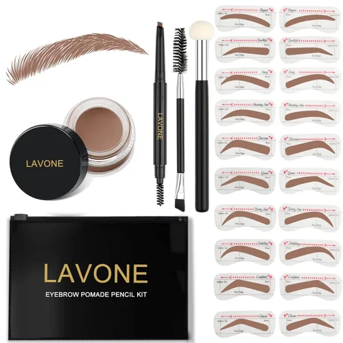Vista 31 de LAVONE Kit de plantillas para cejas, trío de sellos para cejas con lápiz impermeable, pomada, 20 plantillas, cepillo de doble punta y aplicador