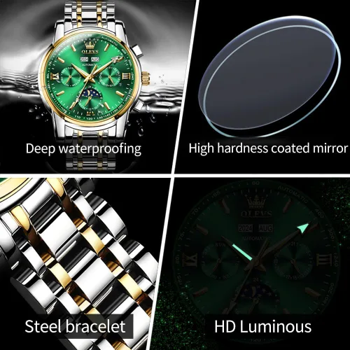 Vista 5 de OLEVS - Relojes automáticos para hombre, diseño mecánico con cuerda automática, reloj de pulsera de lujo de moda, esqueleto, luminoso, impermeable