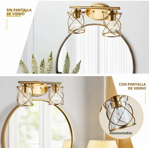 Vista 2 de mavcadonf Luces de Tocador de Baño de 2 Luces, Lámparas de Baño sobre el Espejo, Luz de Tocador Dorado Cepillado, Luces de Pared de Estilo Rústico