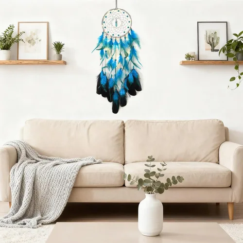 Vista 4 de Dremisland Atrapasueños hecho a mano con plumas azules para colgar en la pared, elegante arte de pared, decoración de habitación para ventanas