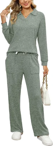 Vista 2 de WIHOLL Conjunto de 2 piezas para mujer, ropa de descanso, pantalones de pierna ancha, cuello en V, conjunto de pijama