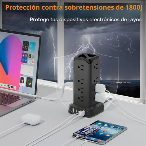 Vista 4 de PASSUS - Regletas de alimentación con protección contra sobretensiones, cable de extensión plano de 6 pies con múltiples tomas, torre de 16 tomas