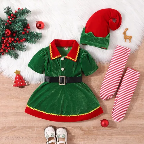 Vista 3 de Luckinbaby Disfraz de Navidad para niñas pequeñas, vestido de manga corta con cuello de muñeca de color contrastante + sombrero + calcetines a rayas