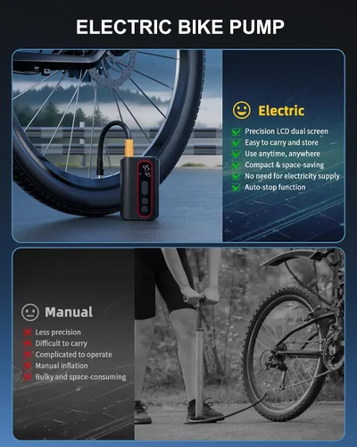 Vista 6 de Mini bomba eléctrica para bicicleta, 4 veces más rápida, bomba de neumáticos de bicicleta de 160 PSI con parada automática de calibre, bomba