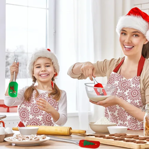 Vista 2 de Layhit 12 piezas de espátulas de silicona con patrón navideño para decoración de Navidad con mango de plástico, utensilios de cocina navideños
