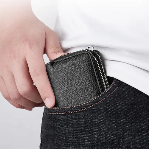 Vista 6 de ABAJI Funda para tarjetas de crédito para hombres y mujeres, 2 habitaciones con cremallera, piel sintética, 9 ranuras, 4 bolsillos, posición