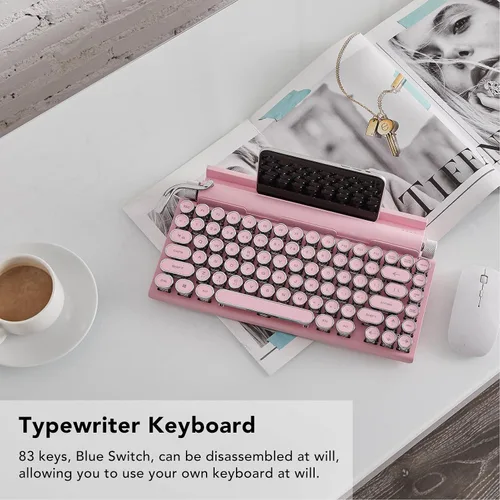 Vista 8 de Acogedor Teclado de máquina de escribir retro, vintage con interruptores azules, teclado mecánico multidispositivo para juegos, Android, iOS
